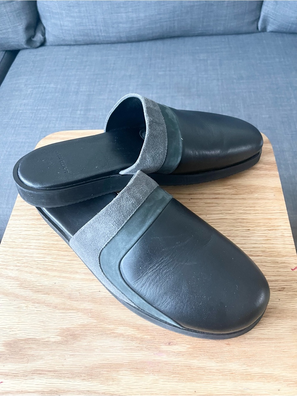 John Elliott Grace Black Gray Leather Slip-On Mules Slides Slippers size 10.5